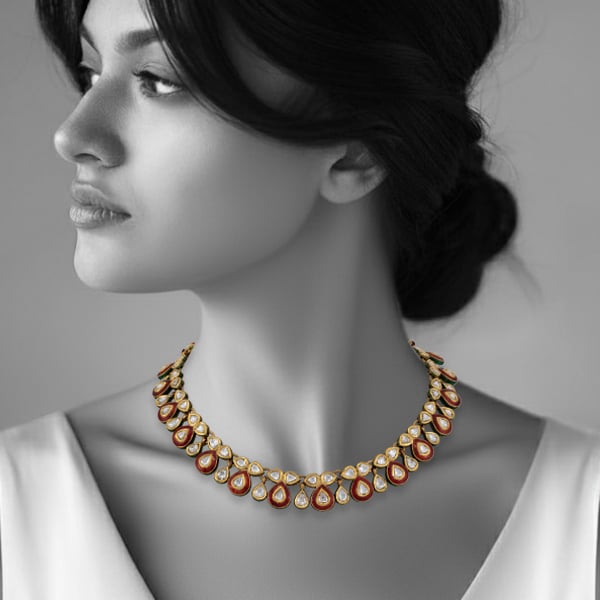 Teardrop Polki Necklace with Red Meenakari Accents